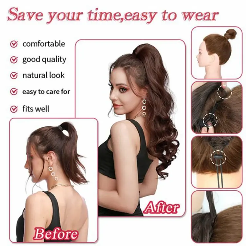 Long Synthetic Drawstring Ponytail Extensions 24 Inch Wave Clip in Pony Tail Hair for Women Blonde Body Wavy Fake Tail Hairpiece