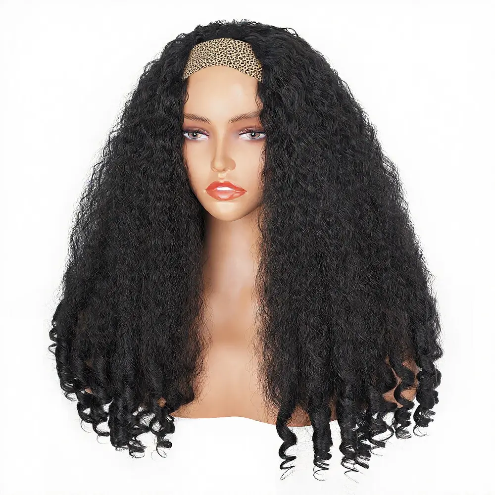 Afro Curly Yaki Wigs for Black WomenHeadband Kinky Straight Full Machine Synthetic Wigs Yaki Straight Glueless Clip in Vpart Wig