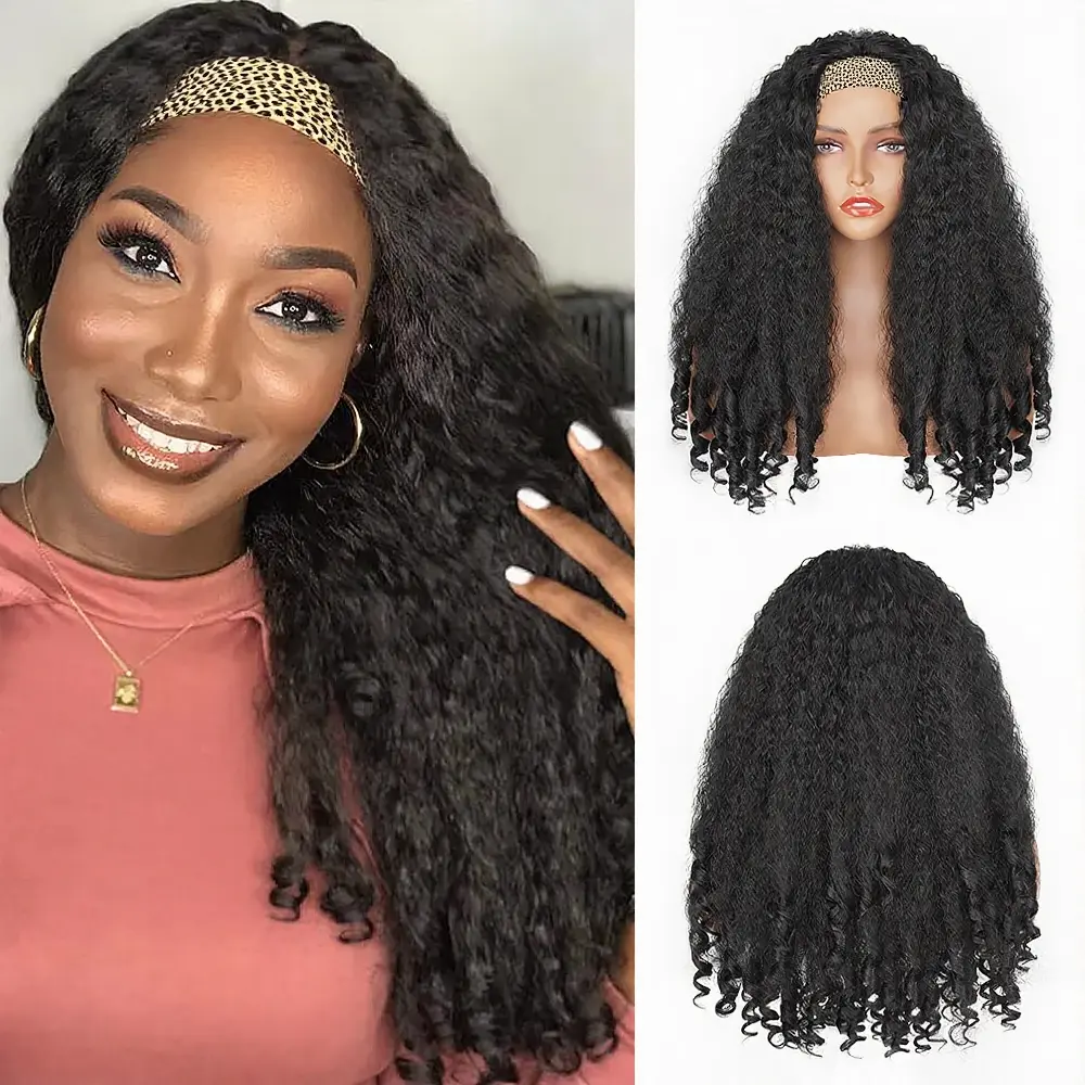 Afro Curly Yaki Wigs for Black WomenHeadband Kinky Straight Full Machine Synthetic Wigs Yaki Straight Glueless Clip in Vpart Wig