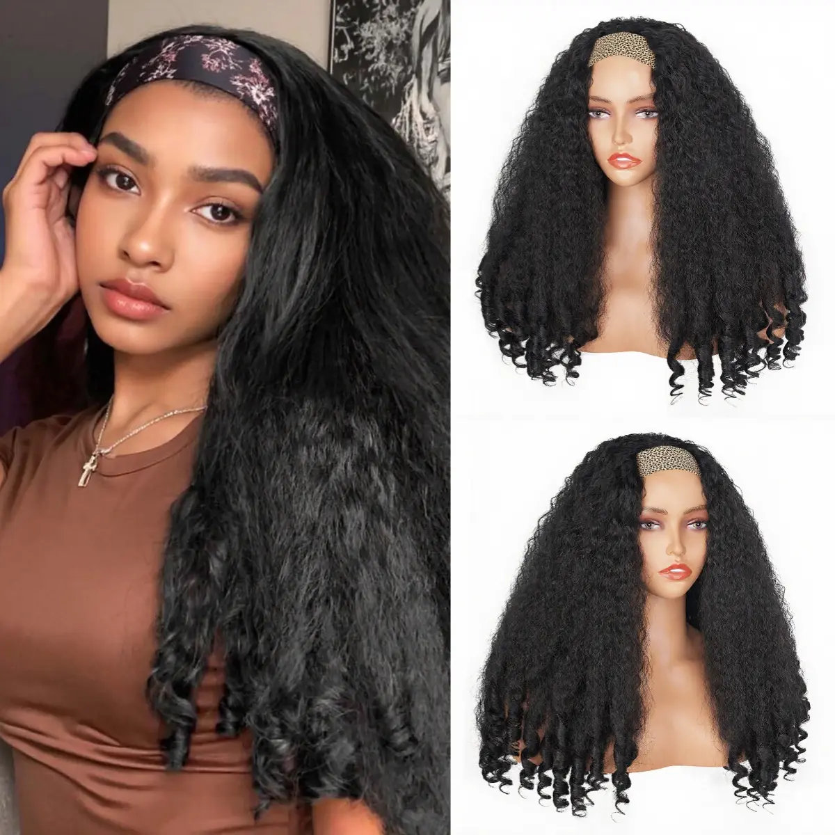 Afro Curly Yaki Wigs for Black WomenHeadband Kinky Straight Full Machine Synthetic Wigs Yaki Straight Glueless Clip in Vpart Wig