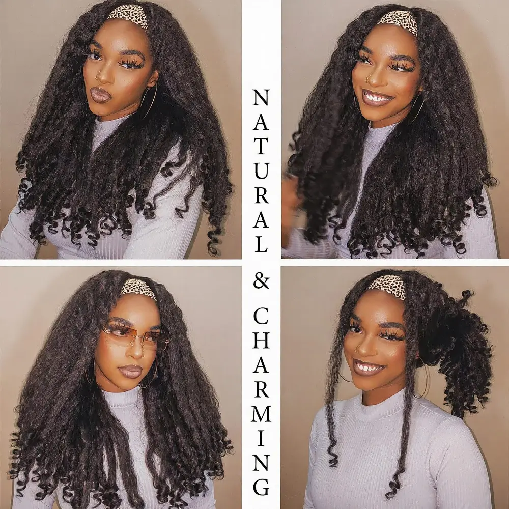 Afro Curly Yaki Wigs for Black WomenHeadband Kinky Straight Full Machine Synthetic Wigs Yaki Straight Glueless Clip in Vpart Wig