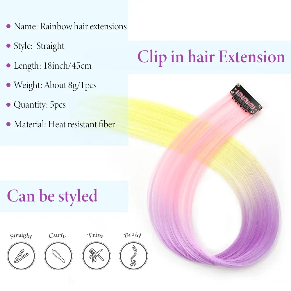 5PCS/set  Clip in Hair Extensions Synthetic Hairpieces Colored Party Highlights  for Girls 18 inches Multi-colors Straight Hair