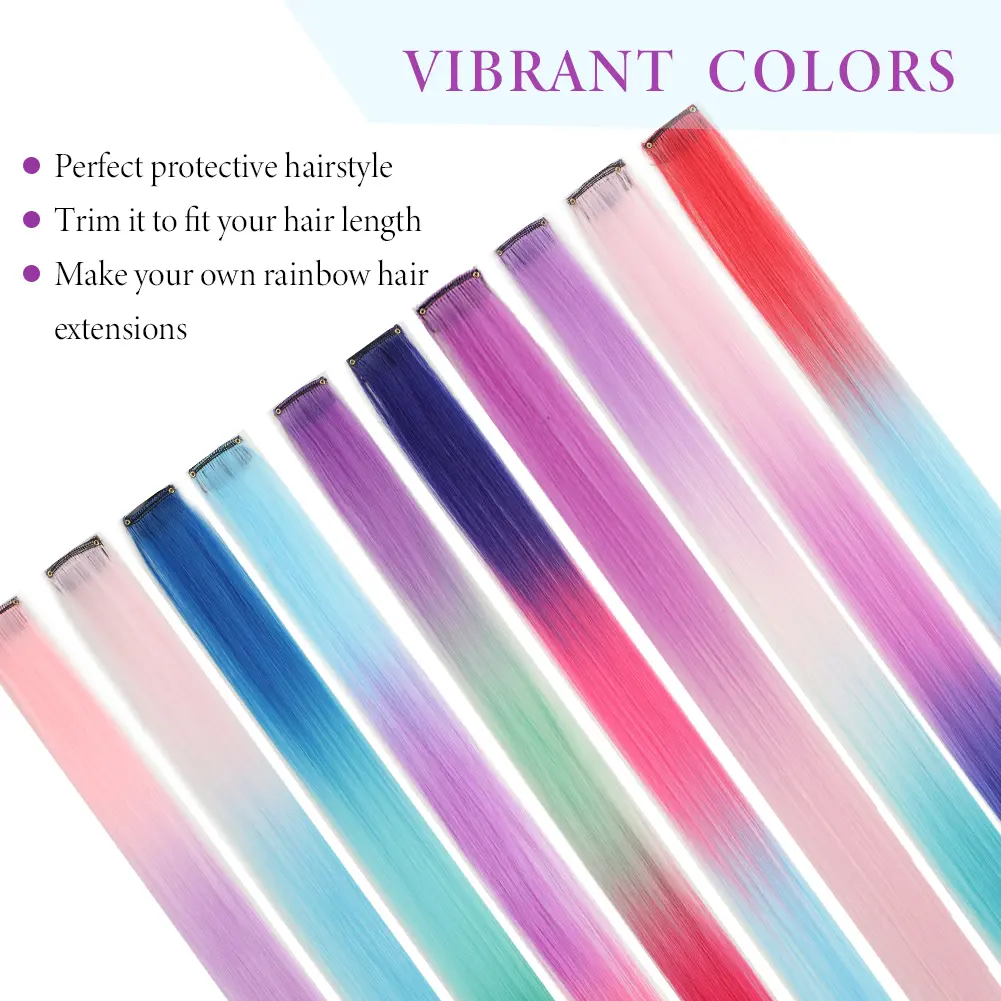 5PCS/set  Clip in Hair Extensions Synthetic Hairpieces Colored Party Highlights  for Girls 18 inches Multi-colors Straight Hair