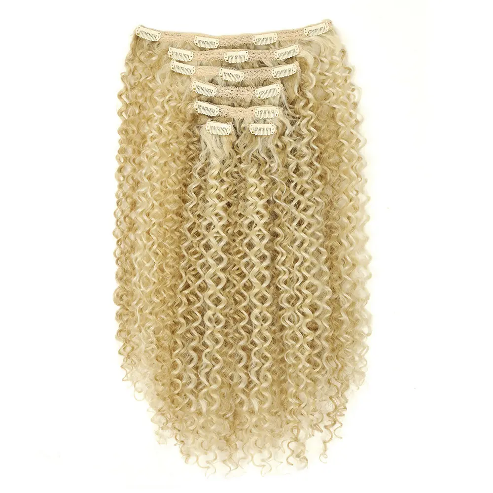 Synthetic Kinky Curly Hair Extensions Clip Ins for Black Women Brazilian Remy Hair Extensions 7 Pcs with 24 Clips Natural Blonde