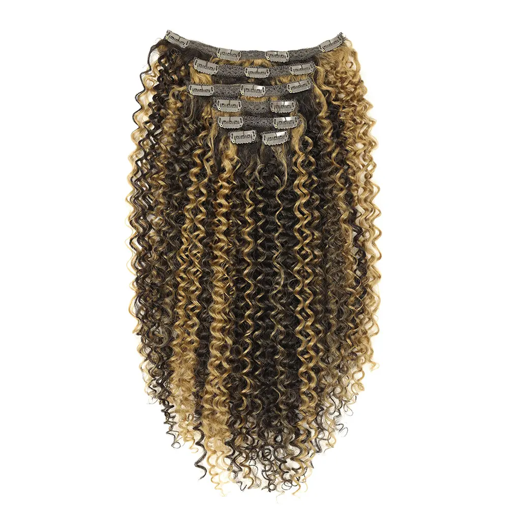 Synthetic Kinky Curly Hair Extensions Clip Ins for Black Women Brazilian Remy Hair Extensions 7 Pcs with 24 Clips Natural Blonde