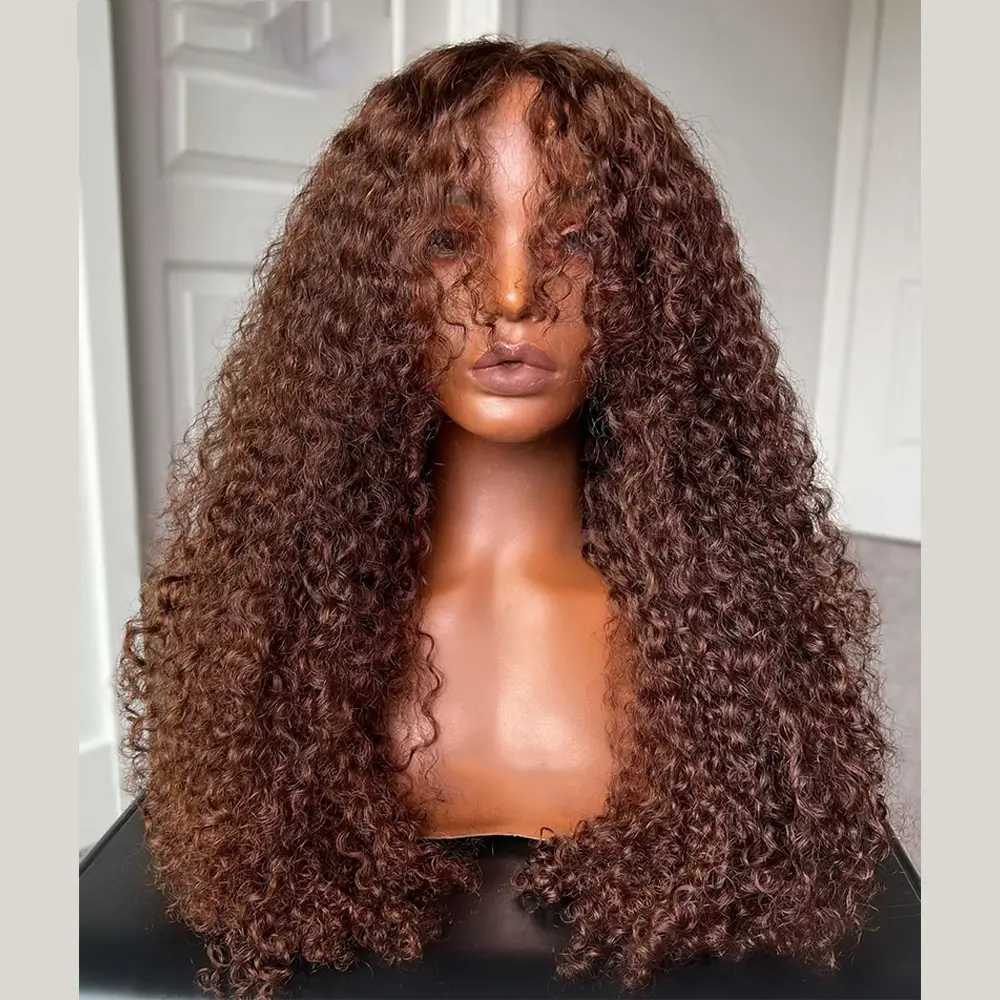 Brown Soft 26“Long Kinky Curly 180Density Machine Wig With Bangs For Black Women High Temperature Cosplay Glueless Daily