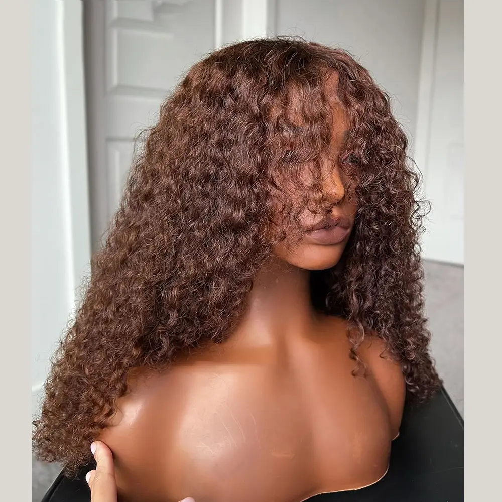 Brown Soft 26“Long Kinky Curly 180Density Machine Wig With Bangs For Black Women High Temperature Cosplay Glueless Daily