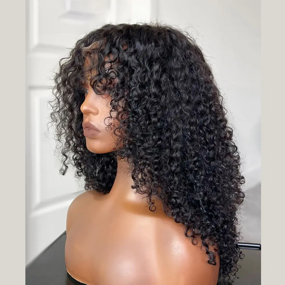 Brown Soft 26“Long Kinky Curly 180Density Machine Wig With Bangs For Black Women High Temperature Cosplay Glueless Daily