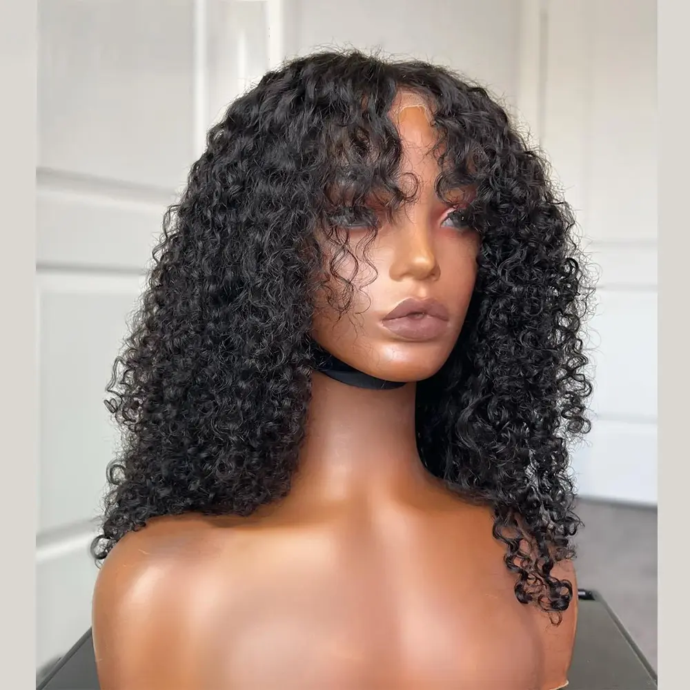 Brown Soft 26“Long Kinky Curly 180Density Machine Wig With Bangs For Black Women High Temperature Cosplay Glueless Daily