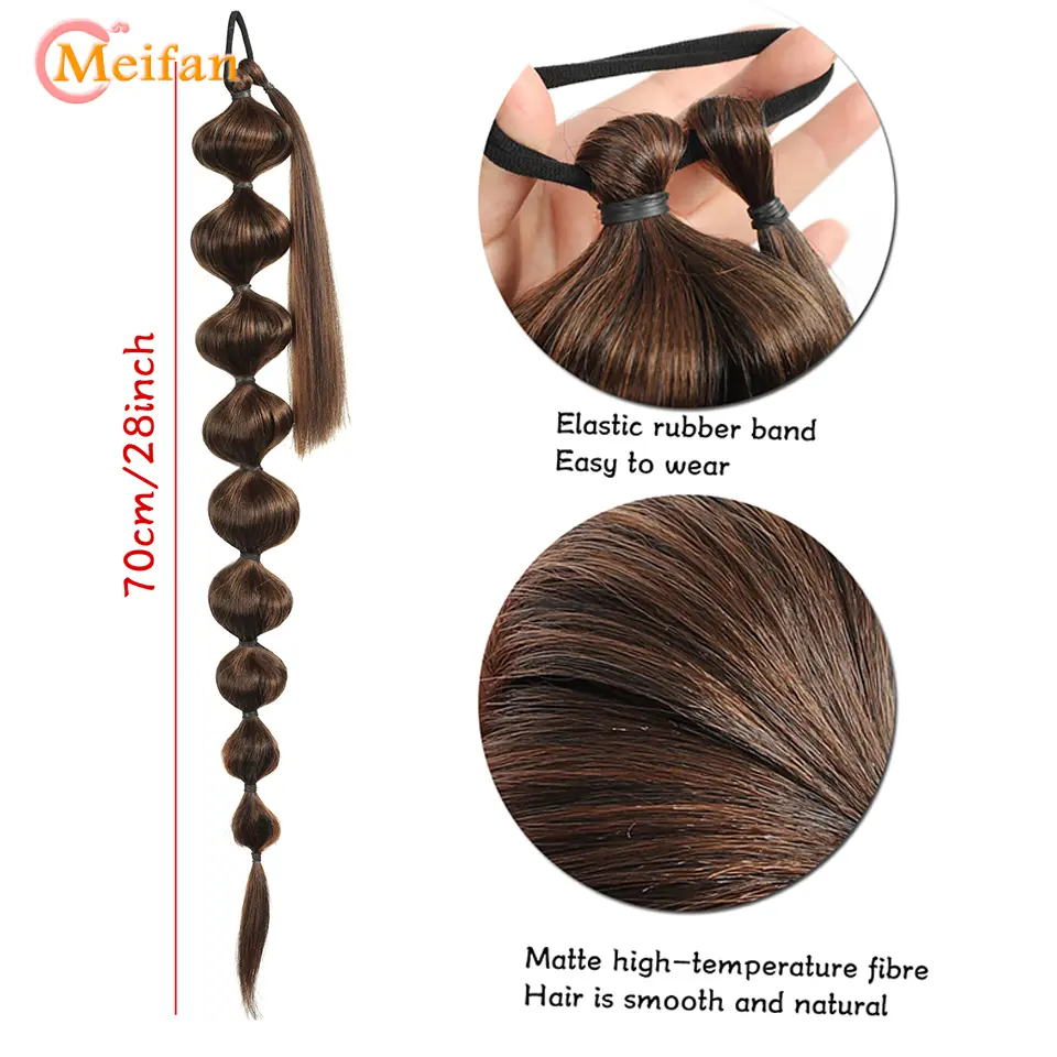MEIFAN Synthetic Long Bubble Braid Ponytail Hair Extensions Black Brown Bubble Ponytail Wrap Around Lantern Ponytail For Women