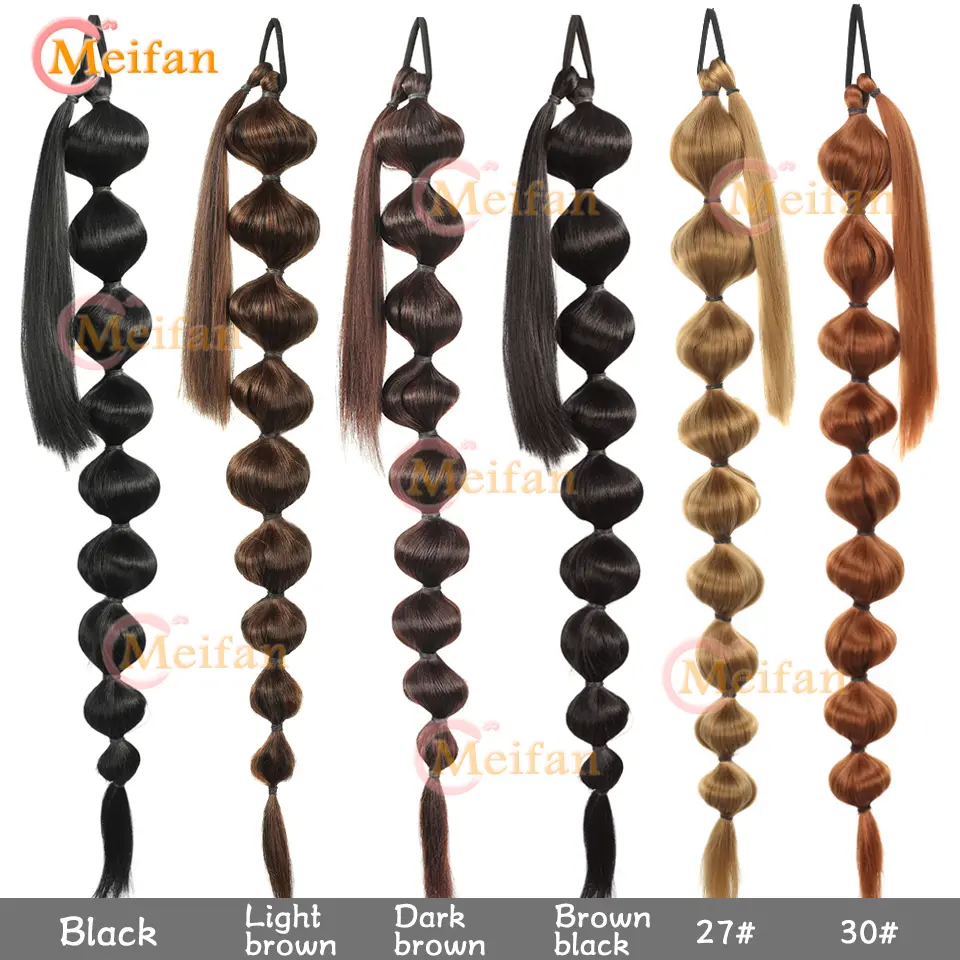 MEIFAN Synthetic Long Bubble Braid Ponytail Hair Extensions Black Brown Bubble Ponytail Wrap Around Lantern Ponytail For Women