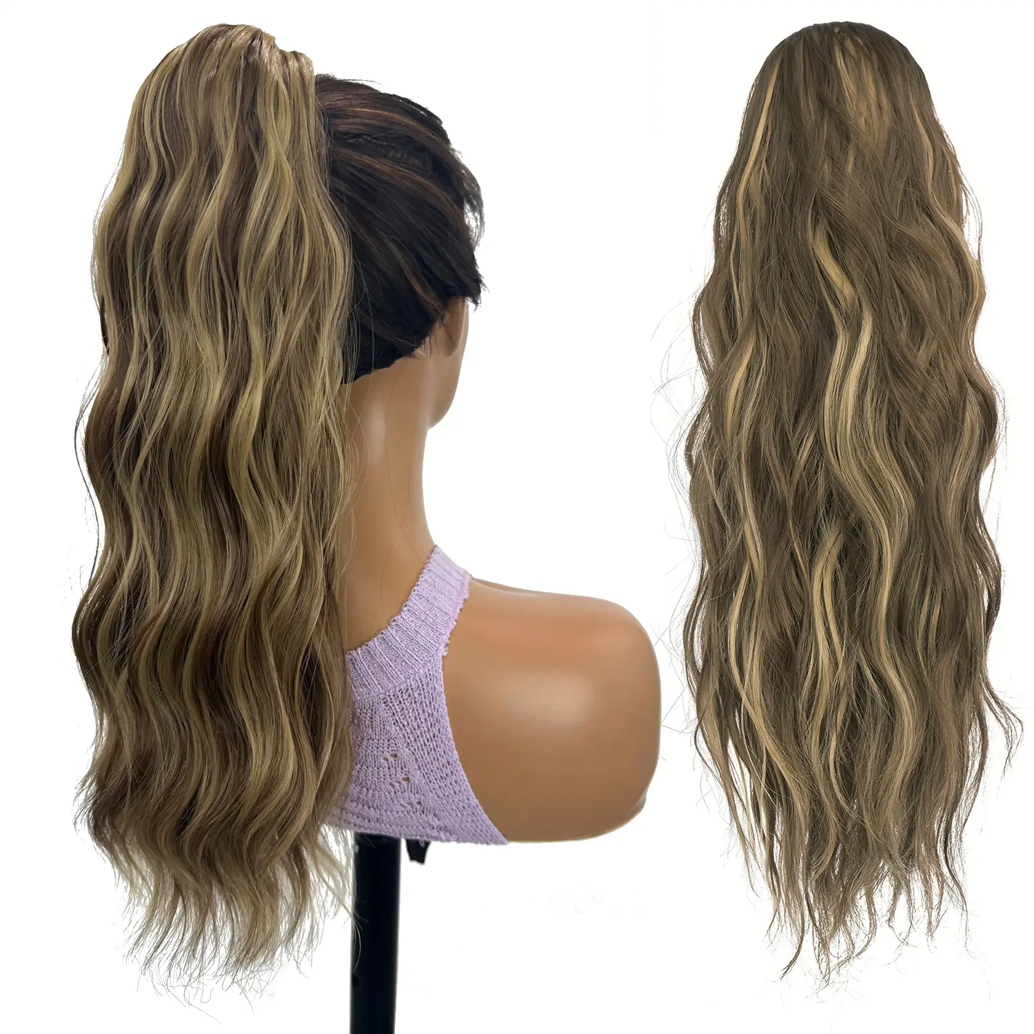 Synthetic Drawstring Ponytail Hair Extension 18Inch Long Curly Wavy Pony Tail Hairpieces for Women Brown Blonde Mixed Horsetail