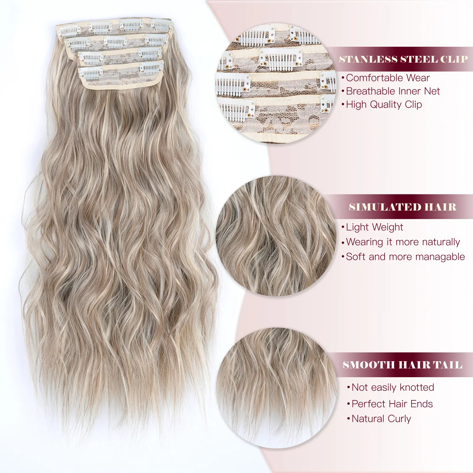 linwan Clip In Hair Extensions 4 PCS Full Head 20 Inch Long Curly Wavy Synthetic Hair Pieces Natural Wavy For Women Girls Hair
