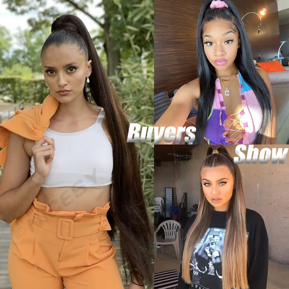 Synthetic Long Straight Ponytail Hair Extension Wrap Around Clip In Ponytail Fake Hair Heat Resistant Black Blonde For Women