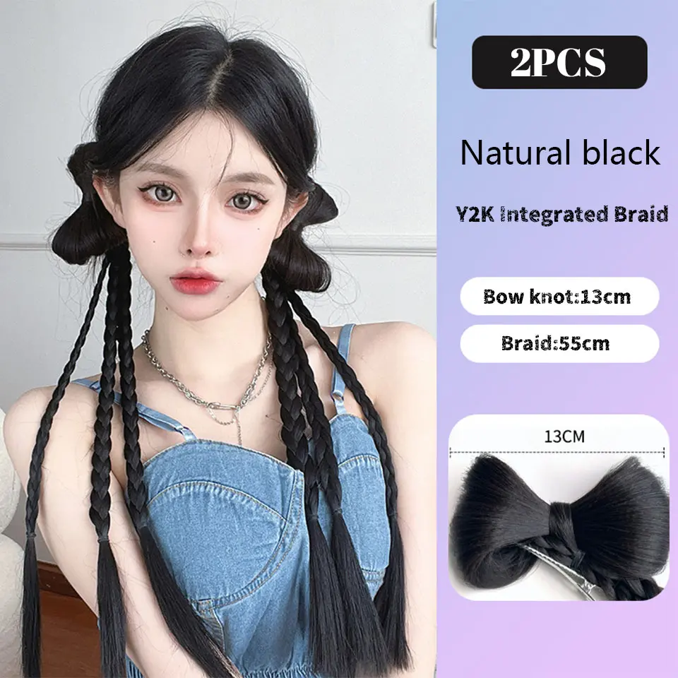 Synthetic Long Twist Bow Braid Ponytail Extensions With 22Inch Rubber Band Boxing Braided Hair Extensions For Women Daily