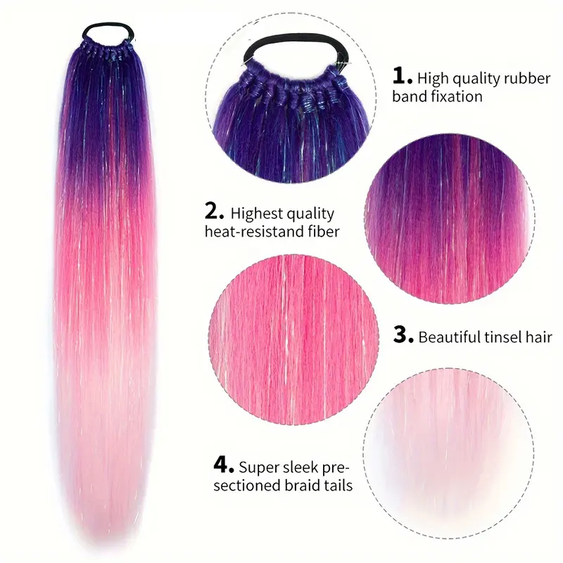 Synthetic 24Inch Colorful Hair Extensions Ombre Braid Ponytail Blend Hair Tinsel with Hair Hair Day Accessories For Women Girls