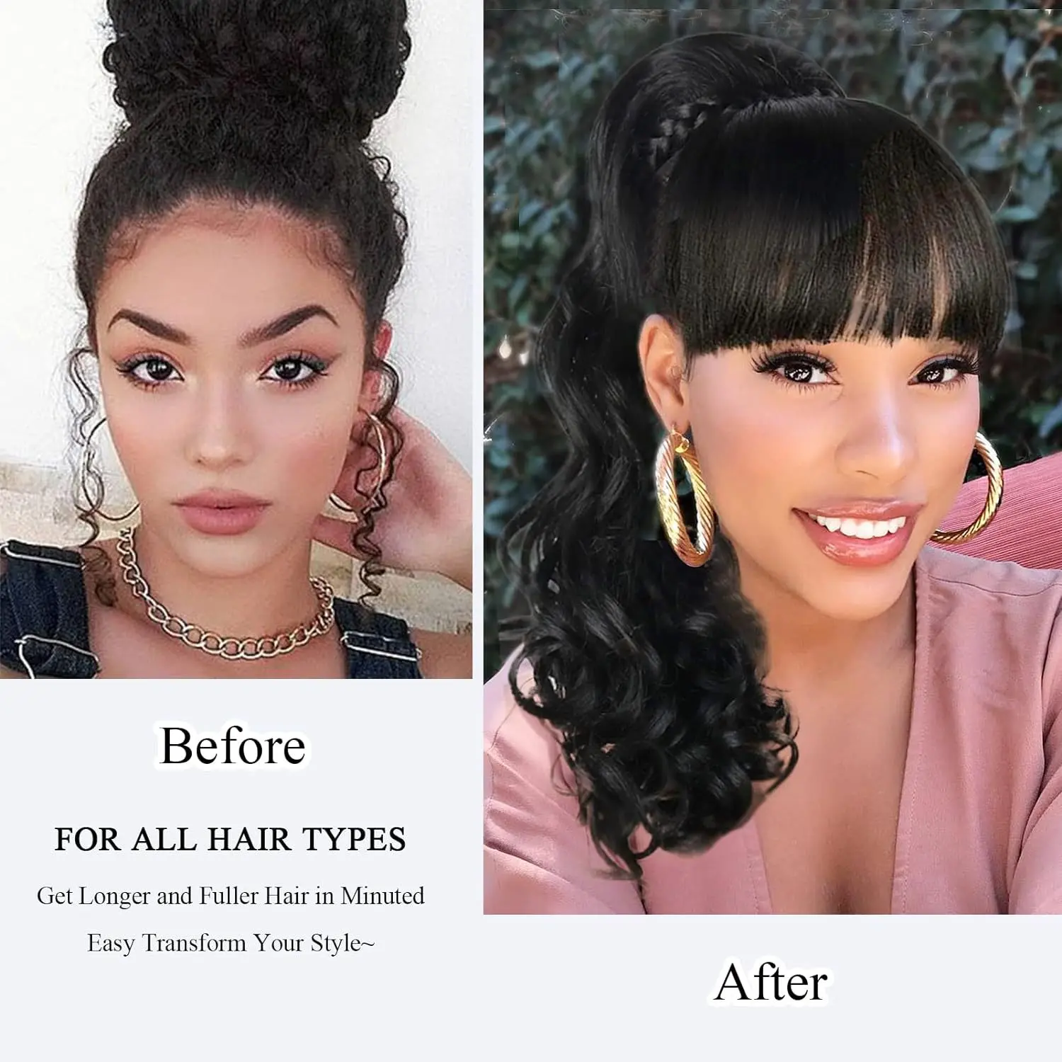 16 Inch Body Wave with Bang Ponytail Extension Hairpin Clip in Hairpieces Bang with Ponytail Heat Resistant for Women