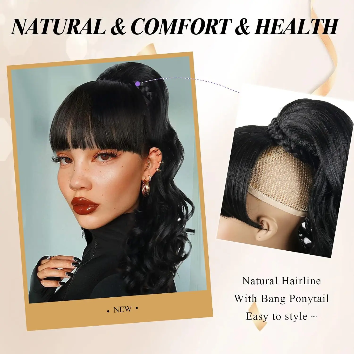 16 Inch Body Wave with Bang Ponytail Extension Hairpin Clip in Hairpieces Bang with Ponytail Heat Resistant for Women
