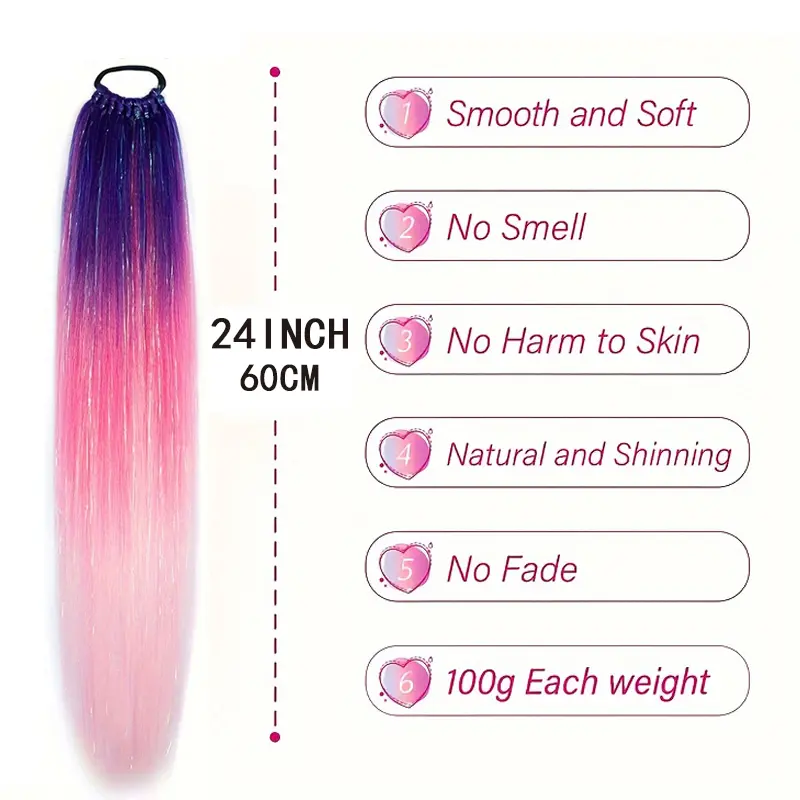 Synthetic 24Inch Colorful Hair Extensions Ombre Braid Ponytail Blend Hair Tinsel with Hair Hair Day Accessories For Women Girls