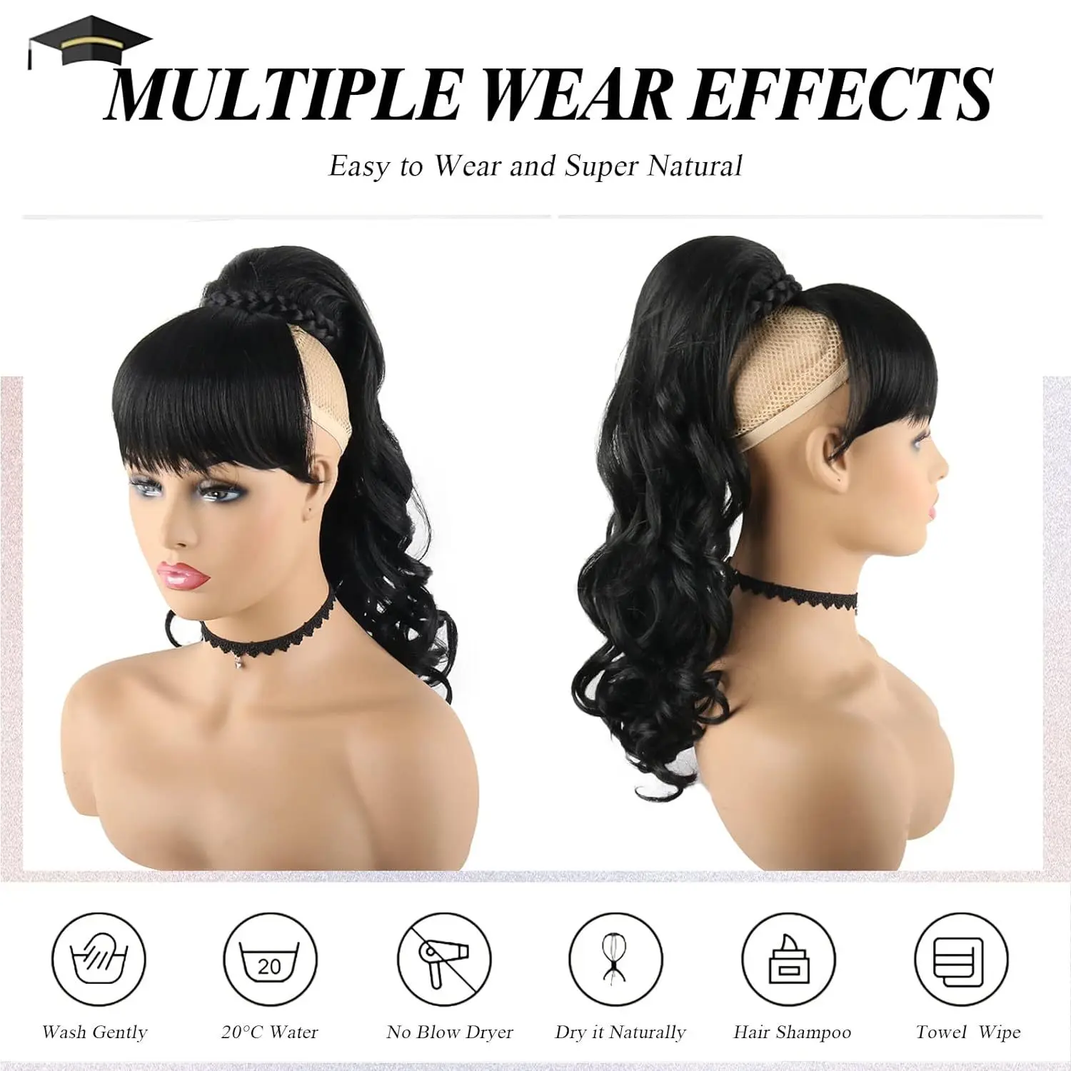 16 Inch Body Wave with Bang Ponytail Extension Hairpin Clip in Hairpieces Bang with Ponytail Heat Resistant for Women