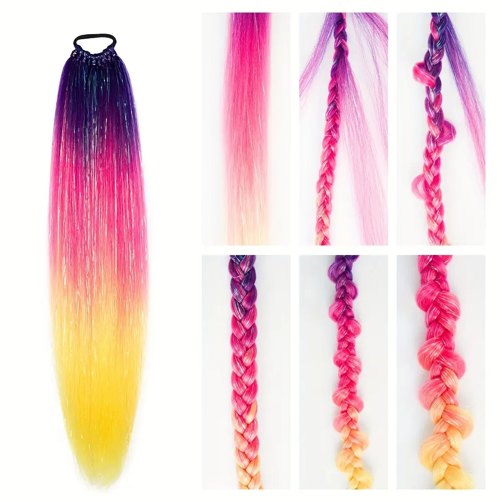 Synthetic 24Inch Colorful Hair Extensions Ombre Braid Ponytail Blend Hair Tinsel with Hair Hair Day Accessories For Women Girls