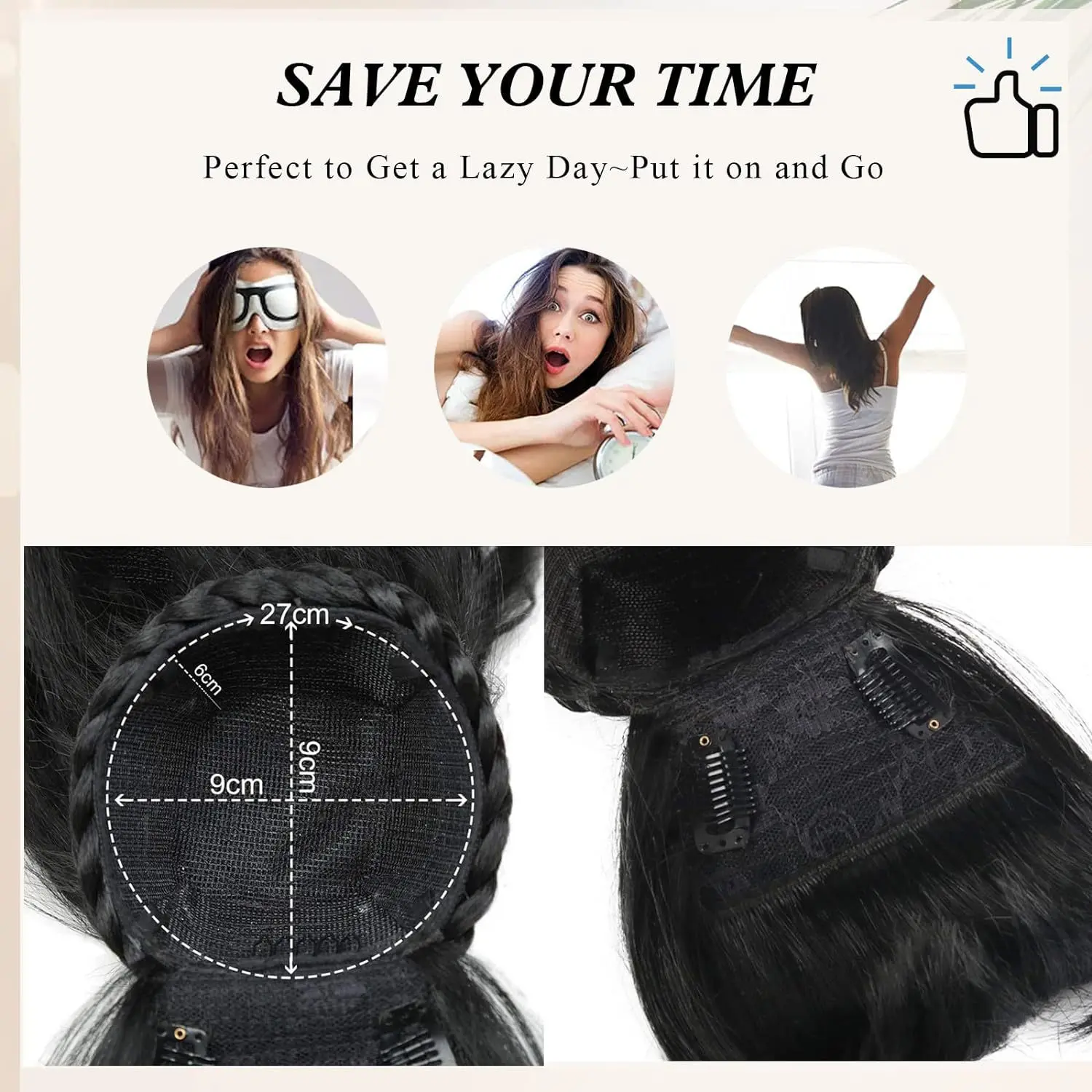 16 Inch Body Wave with Bang Ponytail Extension Hairpin Clip in Hairpieces Bang with Ponytail Heat Resistant for Women