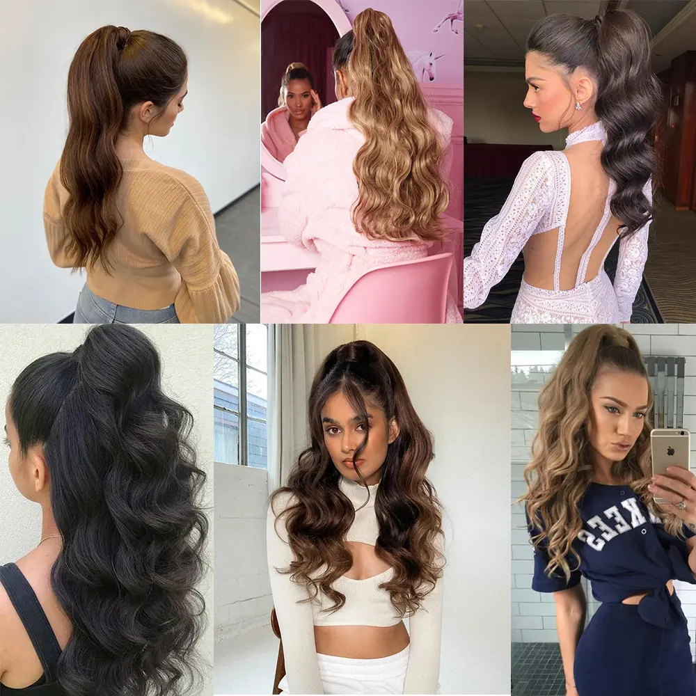 Long Hollywood Wave Ponytail Wrap Around Synthetic Ponytail Body Wave Clip in Hairpiece Blonde Wave Ponytail for Women