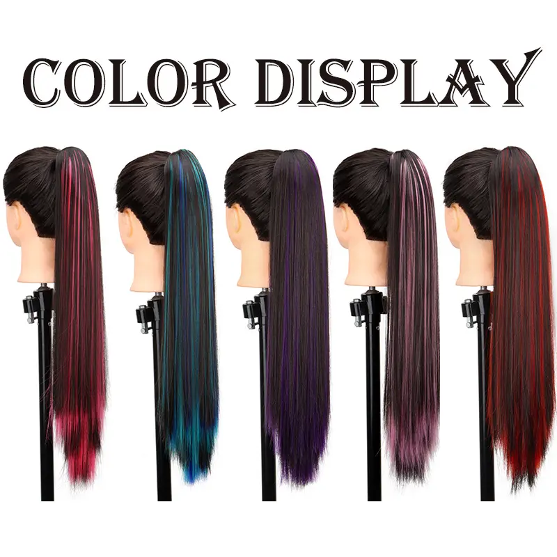 WIGSIN 24Inch Synthetic Long Straight Ponytail Hair Extension Claw Clip Brown Hightlights Blue Red Hairpiece for Women
