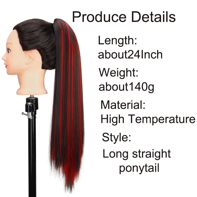 WIGSIN 24Inch Synthetic Long Straight Ponytail Hair Extension Claw Clip Brown Hightlights Blue Red Hairpiece for Women
