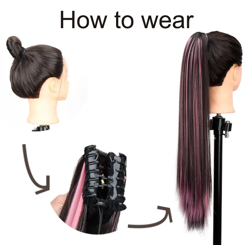 WIGSIN 24Inch Synthetic Long Straight Ponytail Hair Extension Claw Clip Brown Hightlights Blue Red Hairpiece for Women