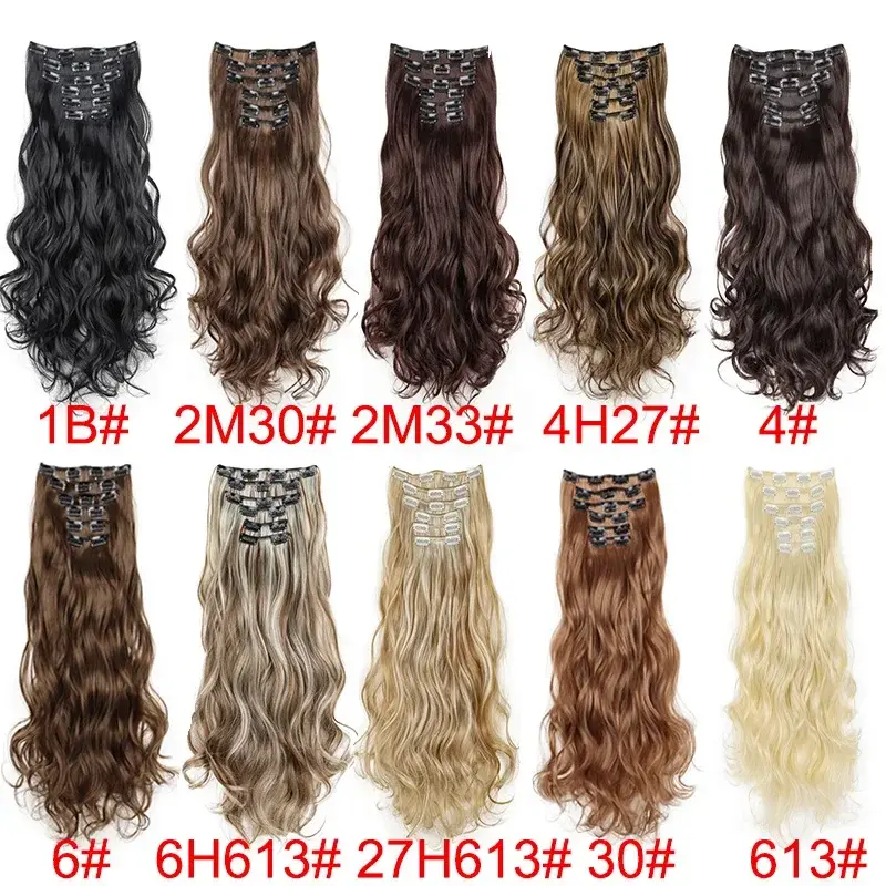 24Inch 16Clips Synthetic Long Curly Hair Extension Heat Resistant Hair Extension Clips in Ombre Black Brown Blond Women