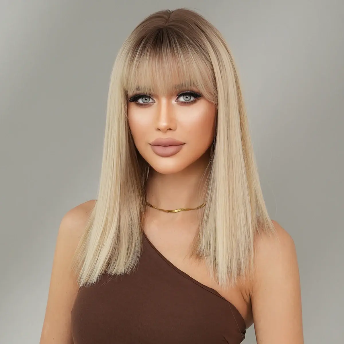 NAMM Shoulder Length Wig Synthetic Straight Blonde Ombre Brown Wigs For Women Daily Party High Density Layered Wigs With Bang