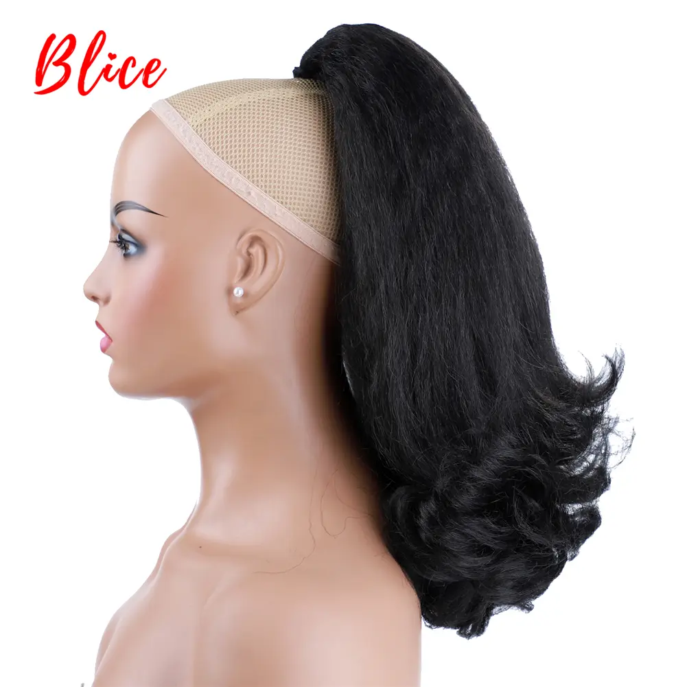 Blice Drawstring Ponytail Warp Kinky Straight Synthetic Hairpiece With Two Combs clip in Black Hair Extensions For Women