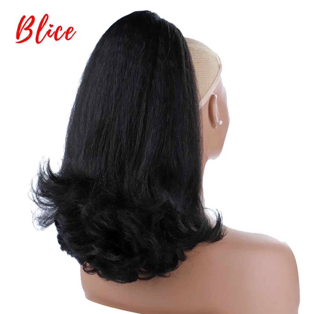 Blice Drawstring Ponytail Warp Kinky Straight Synthetic Hairpiece With Two Combs clip in Black Hair Extensions For Women