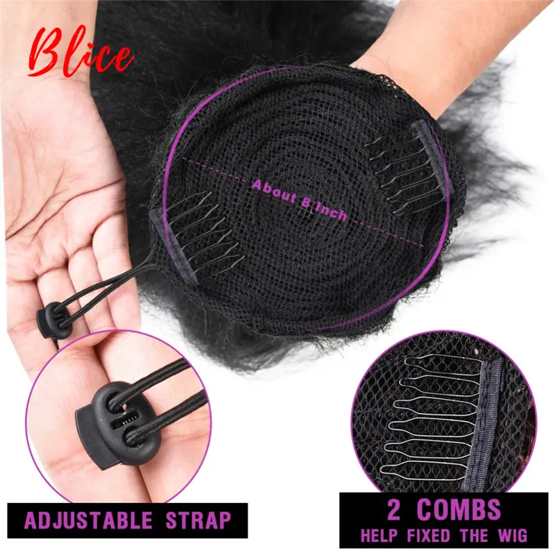 Blice Drawstring Ponytail Warp Kinky Straight Synthetic Hairpiece With Two Combs clip in Black Hair Extensions For Women