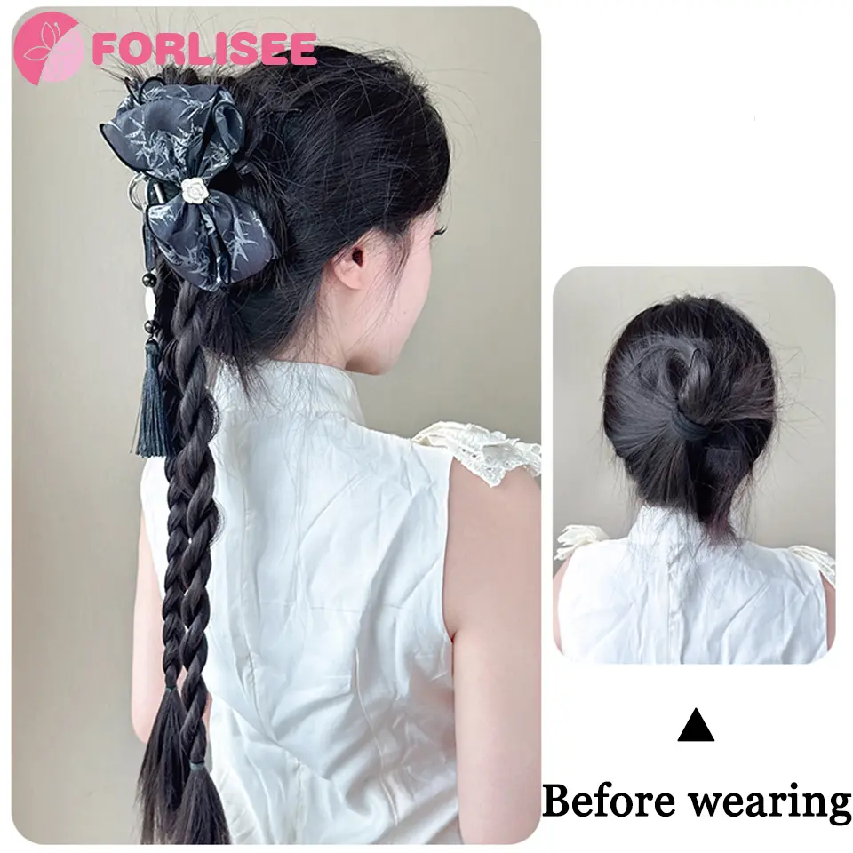 FORLISEE Synthetic Ponytail Wig For Women New Chinese Style Ink Dyed Tassel Claw Clip Twist Braid Cashew Flower Boxing Ponytail