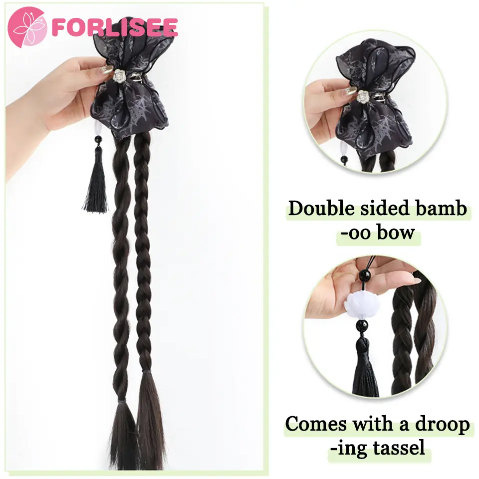 FORLISEE Synthetic Ponytail Wig For Women New Chinese Style Ink Dyed Tassel Claw Clip Twist Braid Cashew Flower Boxing Ponytail