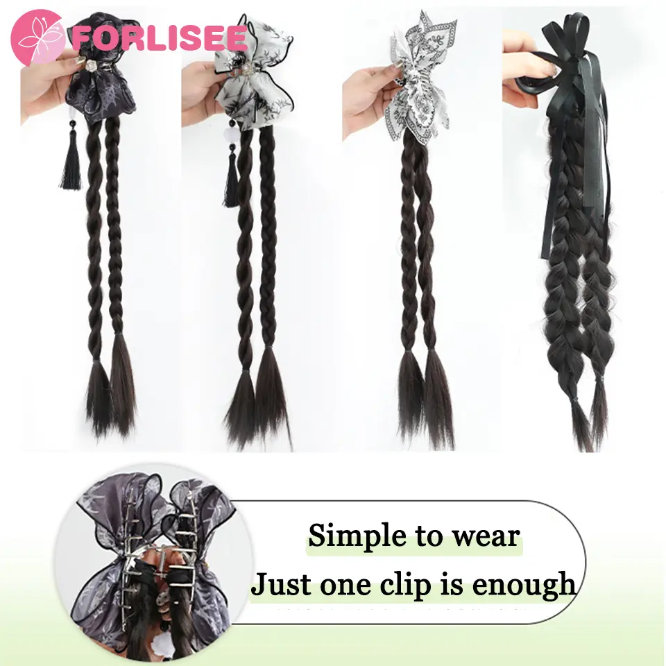 FORLISEE Synthetic Ponytail Wig For Women New Chinese Style Ink Dyed Tassel Claw Clip Twist Braid Cashew Flower Boxing Ponytail