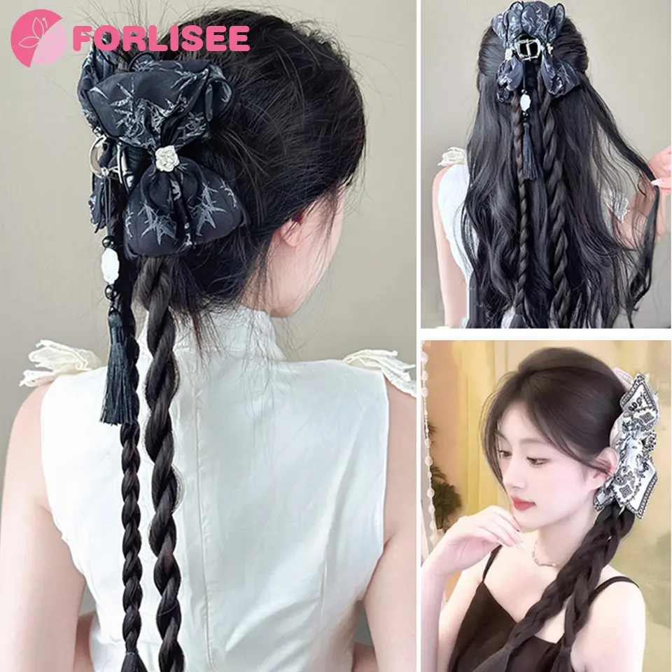 FORLISEE Synthetic Ponytail Wig For Women New Chinese Style Ink Dyed Tassel Claw Clip Twist Braid Cashew Flower Boxing Ponytail