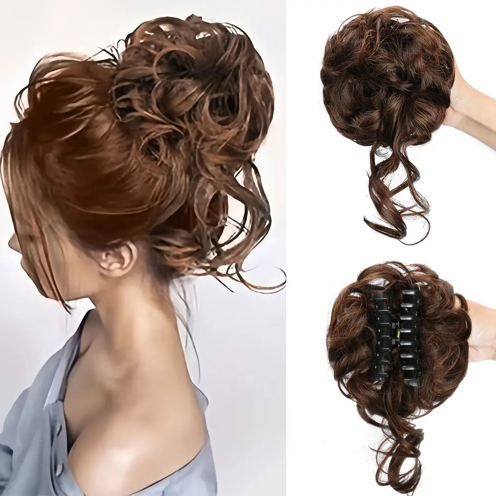 Synthetic Chignon Messy Bun Claw Clip in Hair Piece Wavy Curly Hair Bun Ponytail Extensions Scrunchie Hairpieces for Women