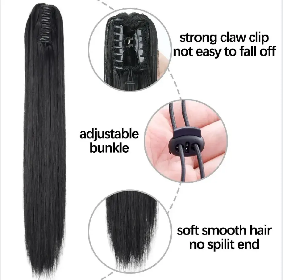 Synthetic 24Inch Long Straight Ponytail Hair Extensions For Women Claw On Ponytail Hairpiece Black Blonde Brown Girl Daily Party