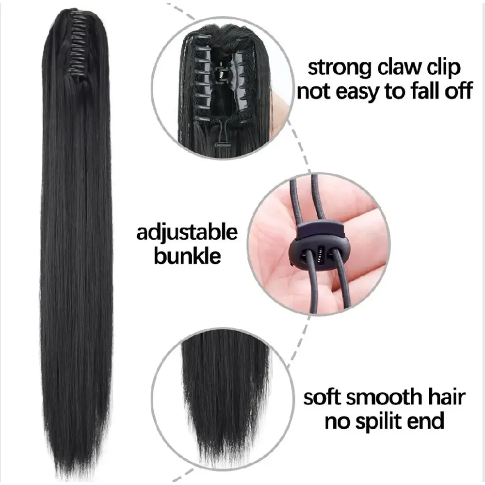 Synthetic 24Inch Long Straight Ponytail Hair Extensions For Women Claw On Ponytail Hairpiece Black Blonde Brown Girl Daily Party