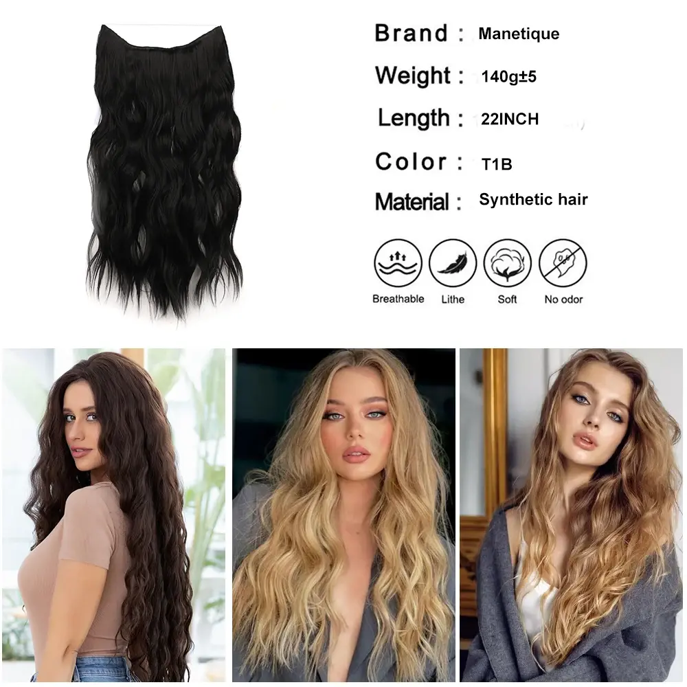 Synthetic Invisible Wire Hair Extensions Long 4 Clips In Wave Curly Hairpiece For Women 20Inch Secret Fish Line Hair Extensions