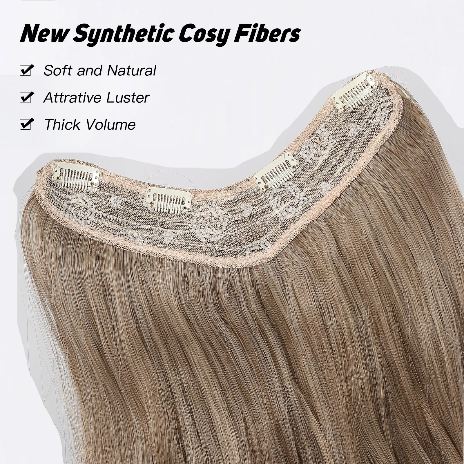 Gray Brown to Blonde Ombre Wavy Synthetic Hair Pieces for Women Long Brown Invisible Wire Hair Extensions With 4 Secure Clips