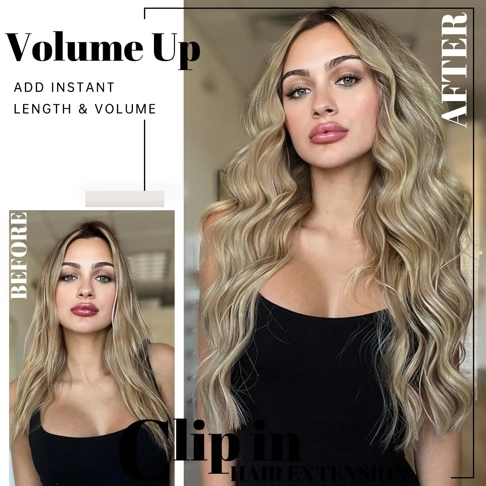 Gray Brown to Blonde Ombre Wavy Synthetic Hair Pieces for Women Long Brown Invisible Wire Hair Extensions With 4 Secure Clips
