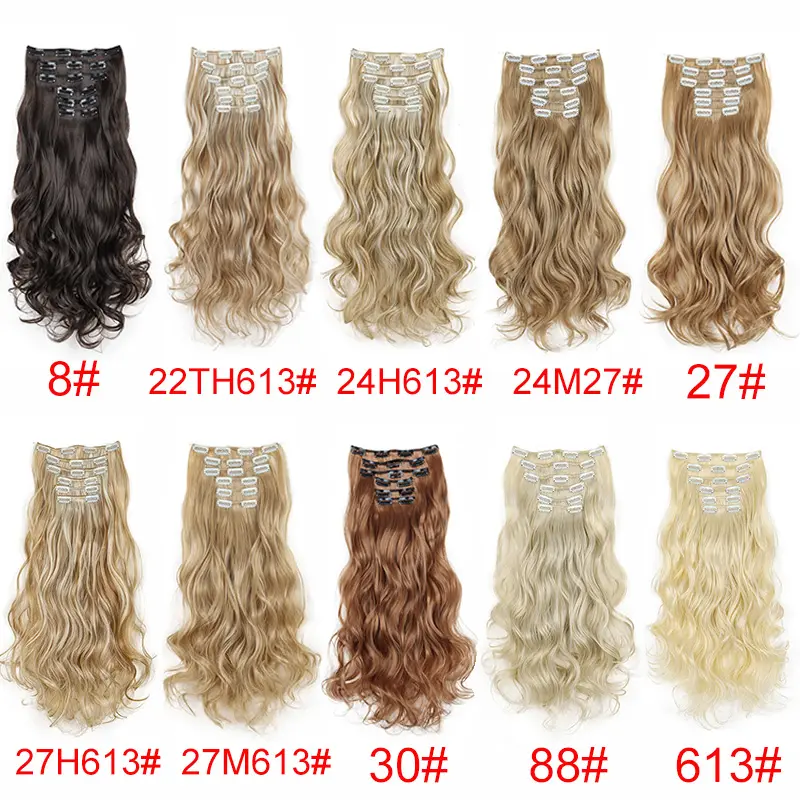 16Clips Synthetic 24Inch Long Curly Hair Hairpiece Heat Resistant Hair Extension Clips In Black Brown Blonde for Women