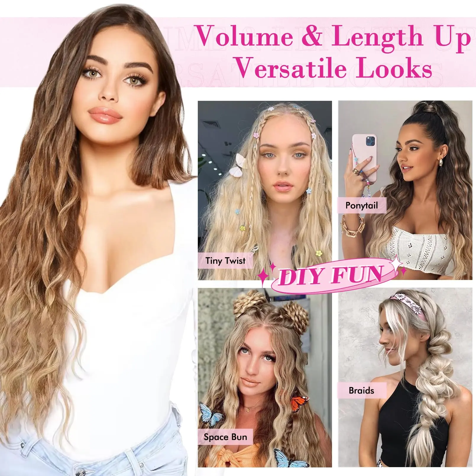Gray Brown to Blonde Ombre Wavy Synthetic Hair Pieces for Women Long Brown Invisible Wire Hair Extensions With 4 Secure Clips