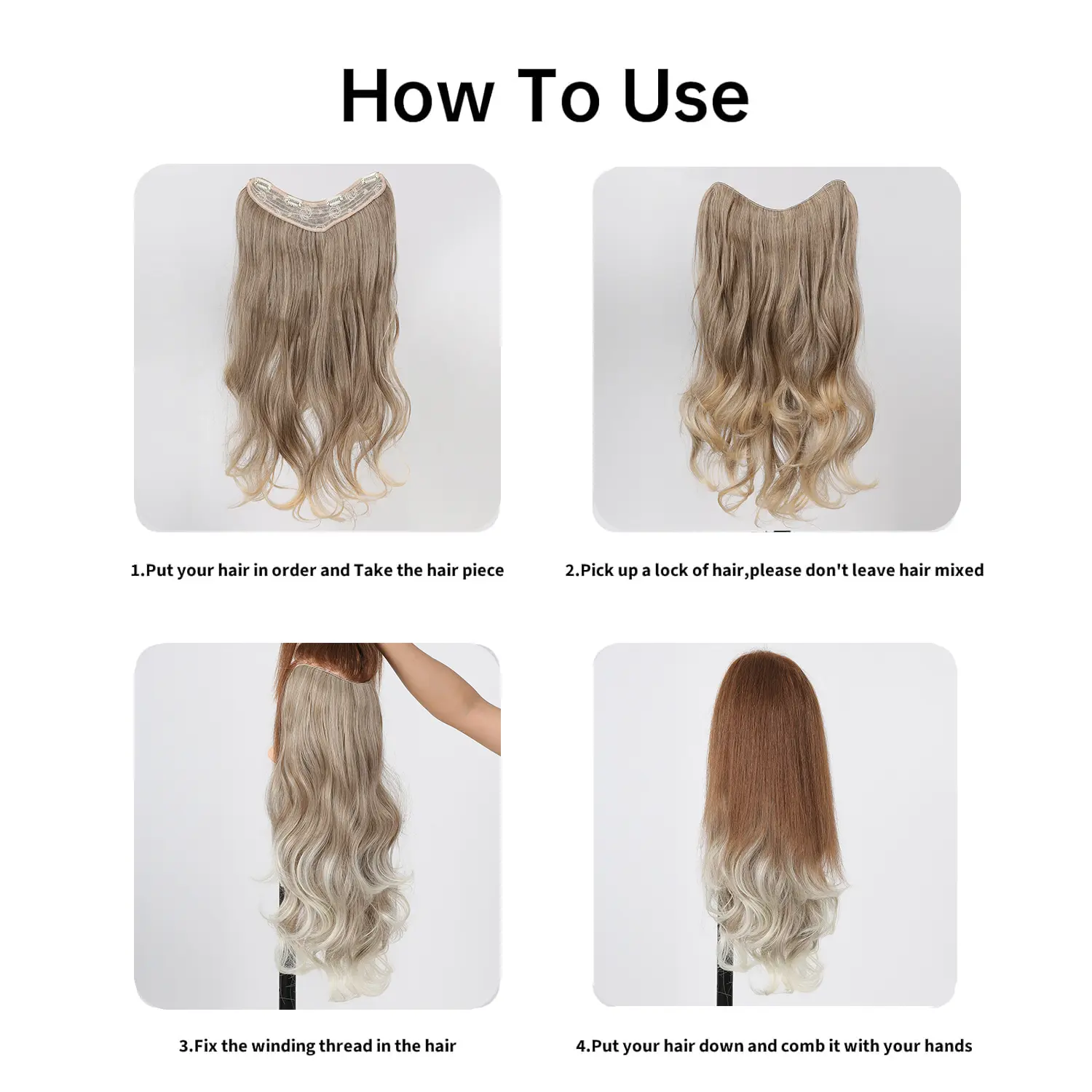 Gray Brown to Blonde Ombre Wavy Synthetic Hair Pieces for Women Long Brown Invisible Wire Hair Extensions With 4 Secure Clips