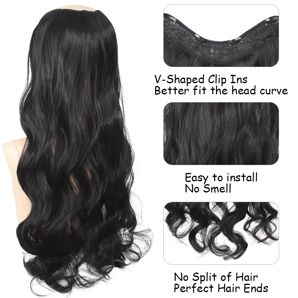 LUPU 24 Inch Long Synthetic Curly Wavy 4 Clip One Piece V-shaped Clip in Hair Extensions Black Brown Hairpieces for Women