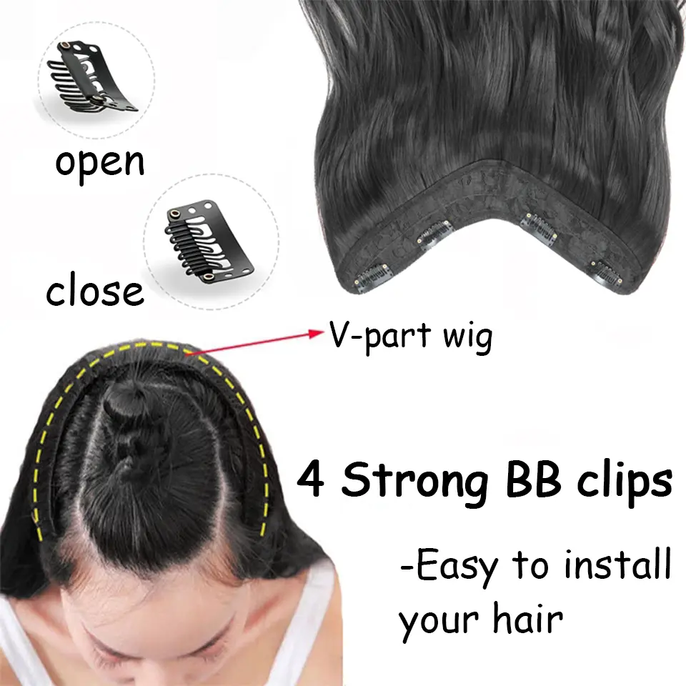 LUPU 24 Inch Long Synthetic Curly Wavy 4 Clip One Piece V-shaped Clip in Hair Extensions Black Brown Hairpieces for Women